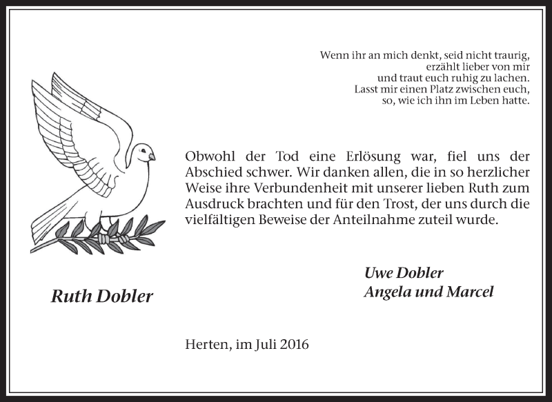  Traueranzeige für Ruth Dobler vom 23.07.2016 aus Medienhaus Bauer