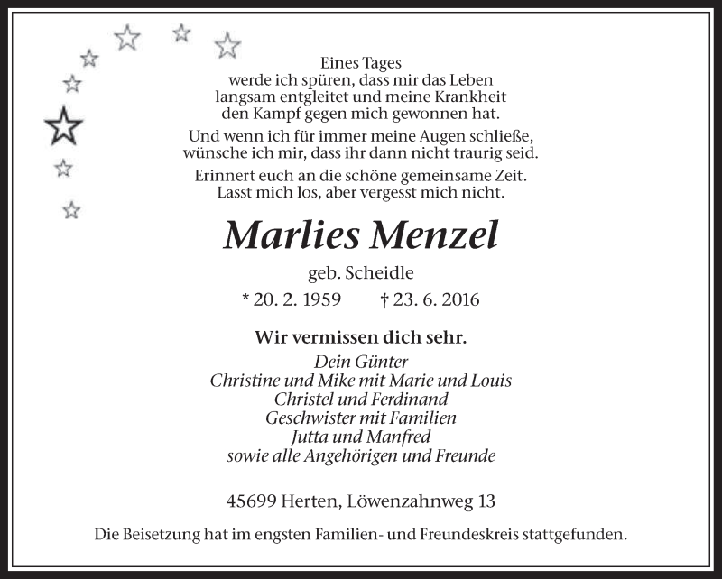  Traueranzeige für Marlies Menzel vom 04.07.2016 aus Medienhaus Bauer