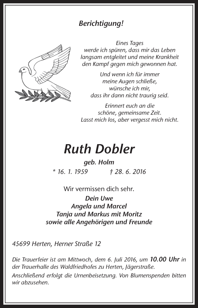  Traueranzeige für Ruth Dobler vom 04.07.2016 aus Medienhaus Bauer