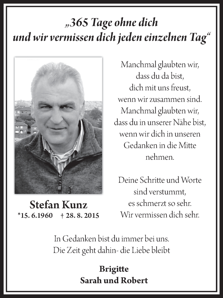  Traueranzeige für Stefan Kunz vom 27.08.2016 aus MEDIENHAUS BAUER