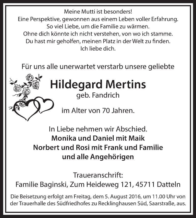  Traueranzeige für Hildegard Mertins vom 02.08.2016 aus Medienhaus Bauer