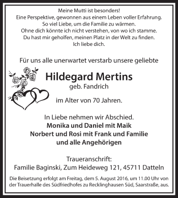 Traueranzeige von Hildegard Mertins von Medienhaus Bauer