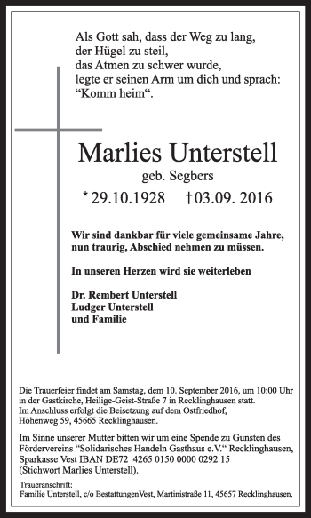 Traueranzeige von Marlies Unterstell von Medienhaus Bauer