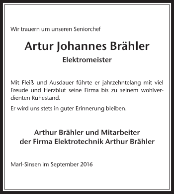 Traueranzeige von Artur Johannes Brähler von Medienhaus Bauer