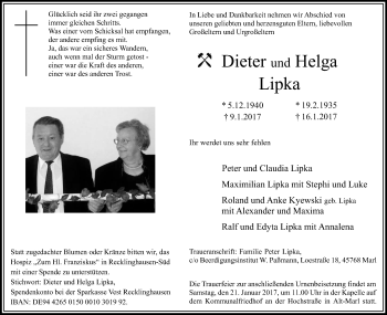 Traueranzeige von Dieter und Helga Lipka von Medienhaus Bauer