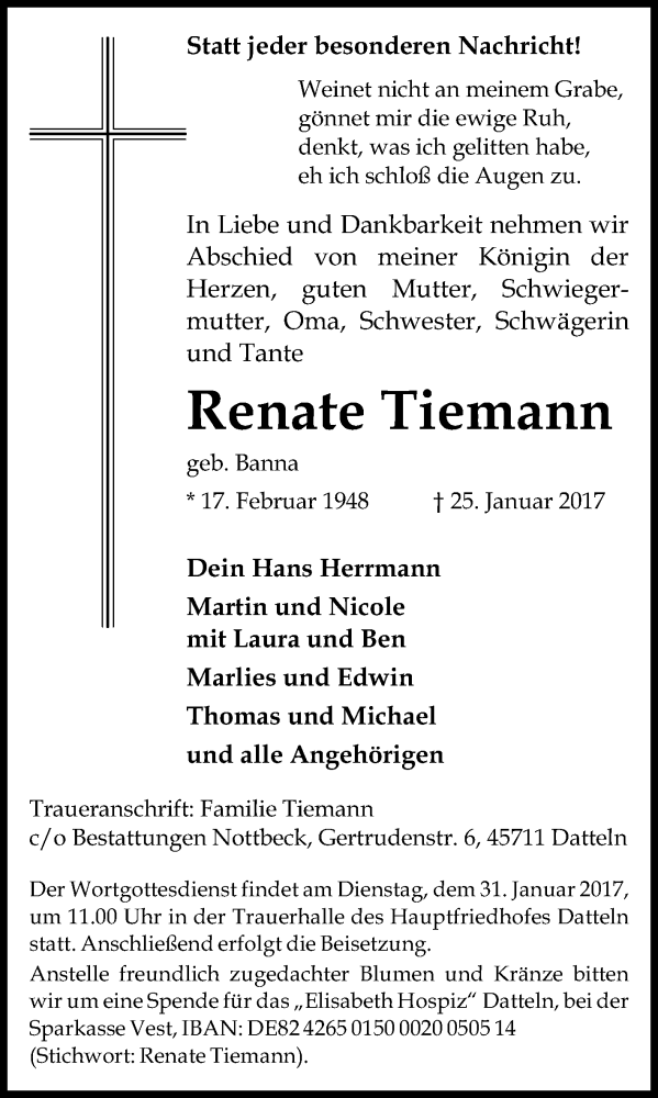 Traueranzeige für Renate Tiemann vom 28.01.2017 aus Medienhaus Bauer