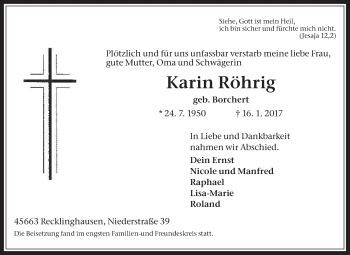 Traueranzeige von Karin Röhrig von Medienhaus Bauer