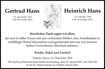 Traueranzeige von Gertrud/Heinrich Hans von Medienhaus Bauer
