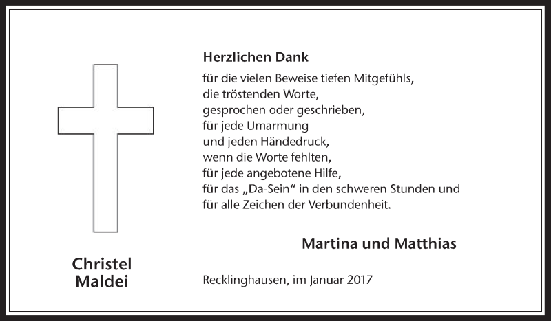  Traueranzeige für Christel Maldei vom 07.01.2017 aus Medienhaus Bauer