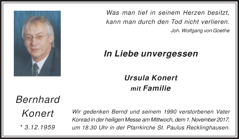  Traueranzeige für Bernhard Konert vom 28.10.2017 aus Medienhaus Bauer