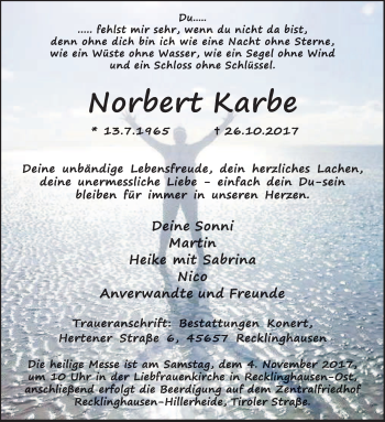 Traueranzeigen von Norbert Karbe | sich-erinnern.de