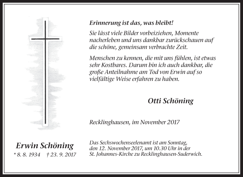  Traueranzeige für Erwin Schöning vom 04.11.2017 aus Medienhaus Bauer
