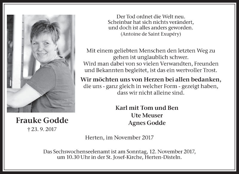  Traueranzeige für Frauke Godde vom 04.11.2017 aus Medienhaus Bauer