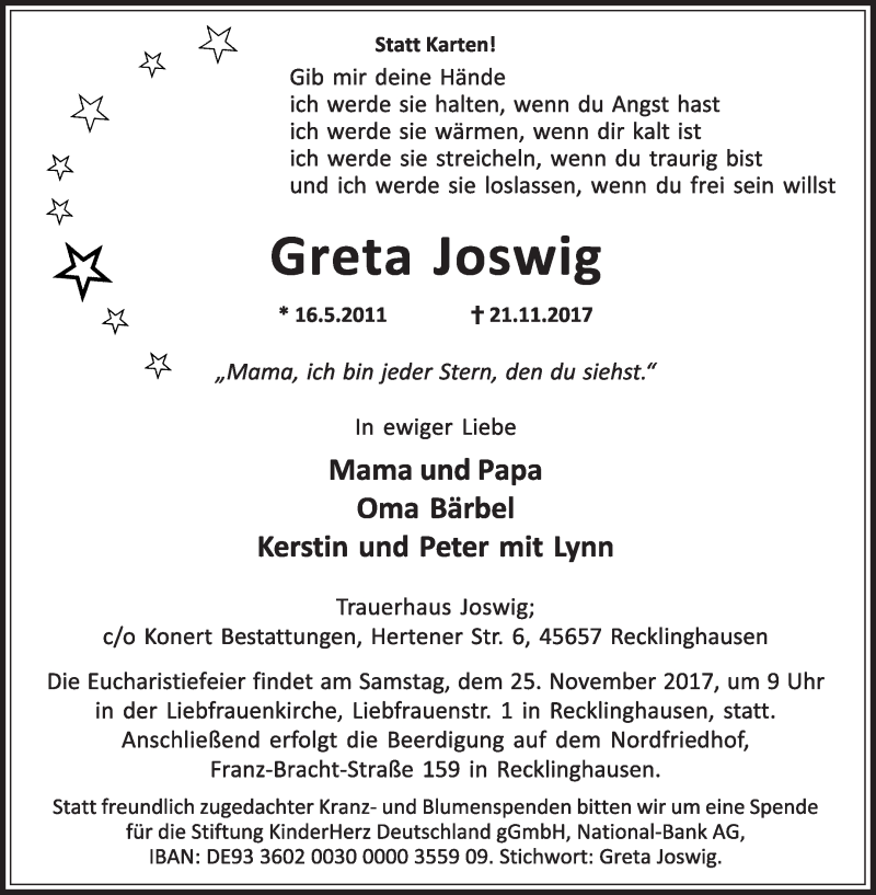  Traueranzeige für Greta Joswig vom 22.11.2017 aus Medienhaus Bauer