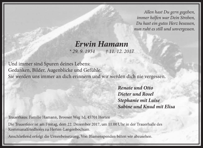  Traueranzeige für Erwin Hamann vom 19.12.2017 aus Medienhaus Bauer