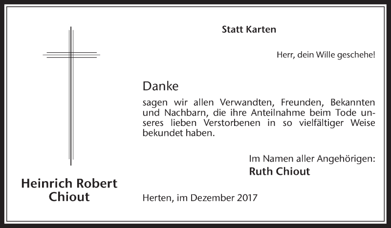  Traueranzeige für Heinrich Robert Chiout vom 28.12.2017 aus Medienhaus Bauer