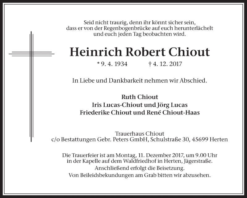  Traueranzeige für Heinrich Robert Chiout vom 07.12.2017 aus Medienhaus Bauer