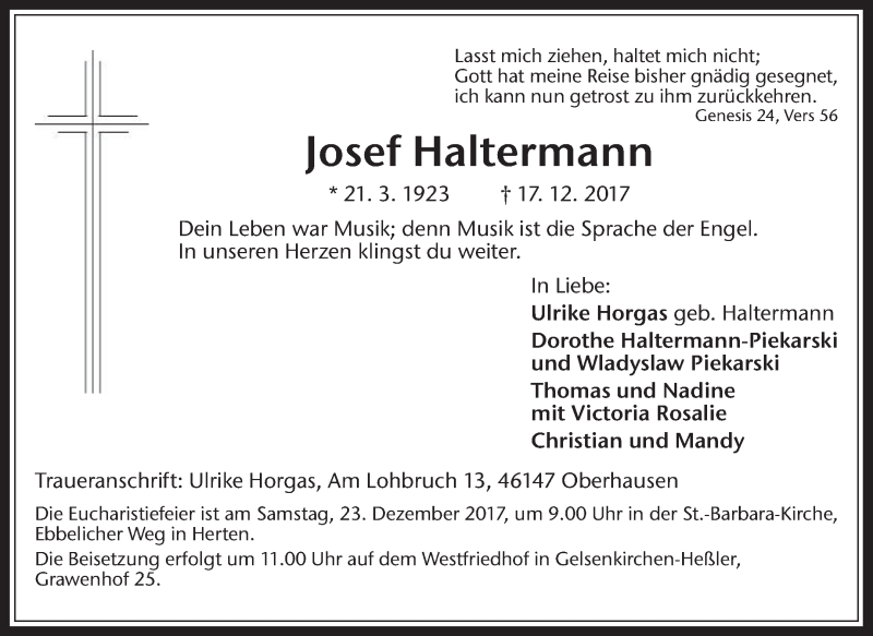  Traueranzeige für Josef Haltermann vom 20.12.2017 aus Medienhaus Bauer