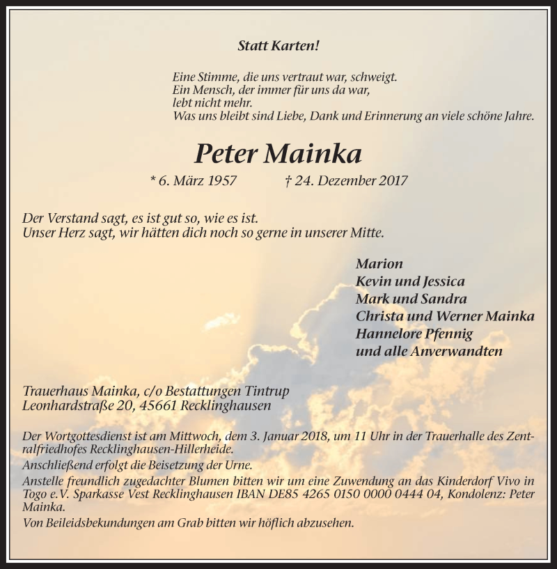  Traueranzeige für Peter Mainka vom 30.12.2017 aus Medienhaus Bauer