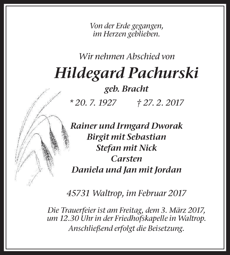  Traueranzeige für Hildegard Pachurski vom 01.03.2017 aus Medienhaus Bauer