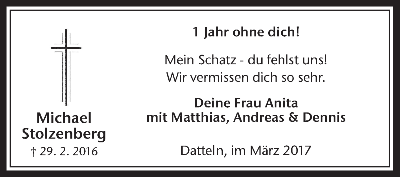  Traueranzeige für Michael Stolzenberg vom 01.03.2017 aus Medienhaus Bauer