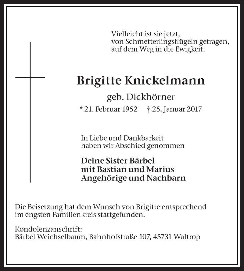  Traueranzeige für Brigitte Knickelmann vom 06.02.2017 aus Medienhaus Bauer