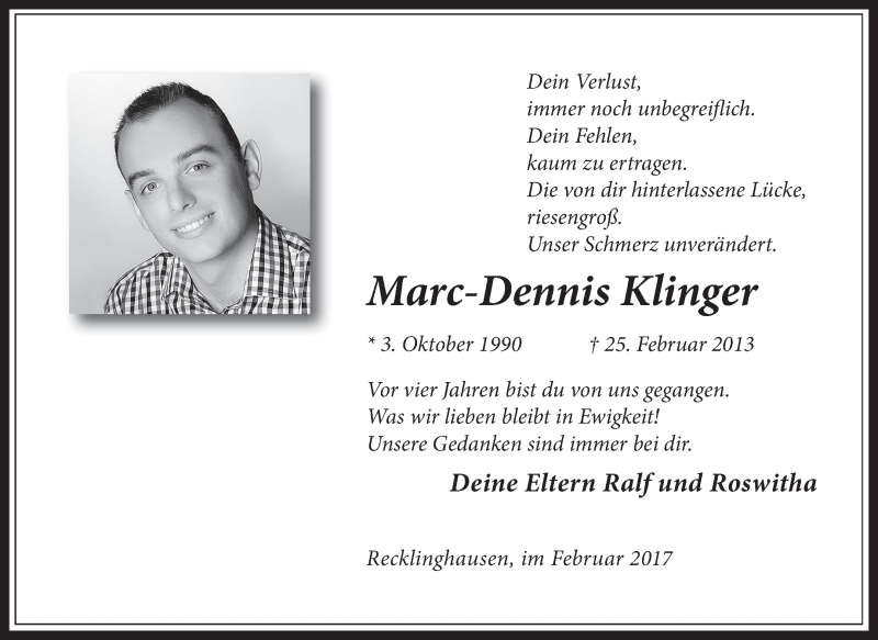  Traueranzeige für Marc-Dennis Klinger vom 25.02.2017 aus Medienhaus Bauer