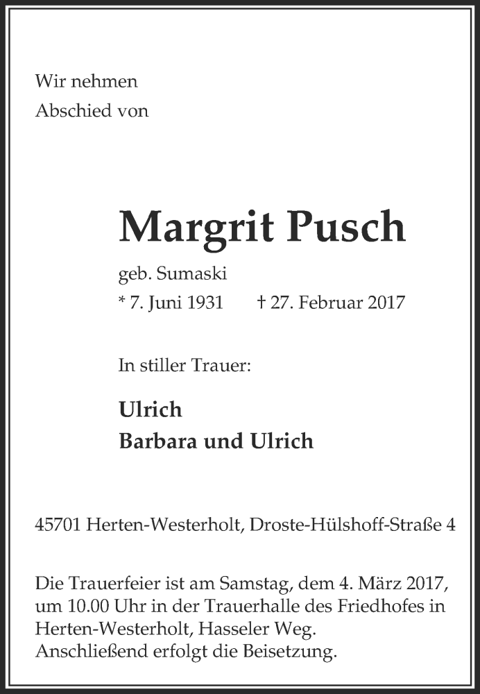  Traueranzeige für Margrit Pusch vom 01.03.2017 aus Medienhaus Bauer