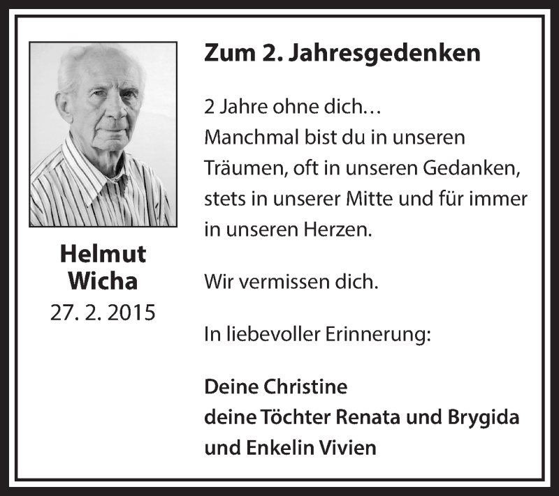  Traueranzeige für Helmut Wicha vom 27.02.2017 aus Medienhaus Bauer