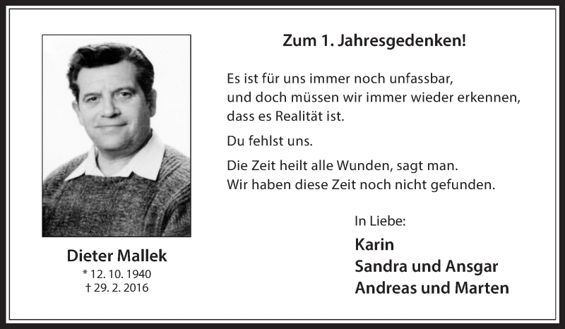  Traueranzeige für Dieter Mallek vom 01.03.2017 aus Medienhaus Bauer