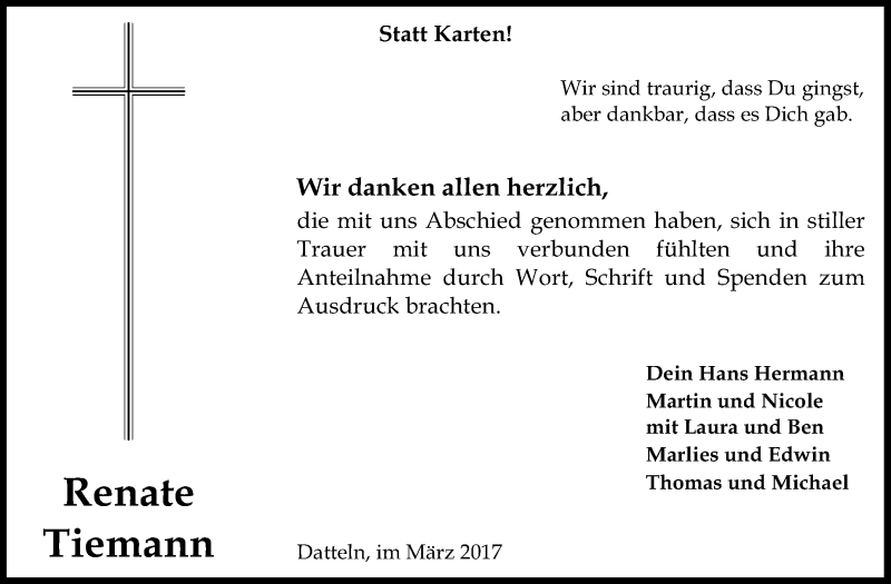  Traueranzeige für Renate Tiemann vom 04.03.2017 aus Medienhaus Bauer