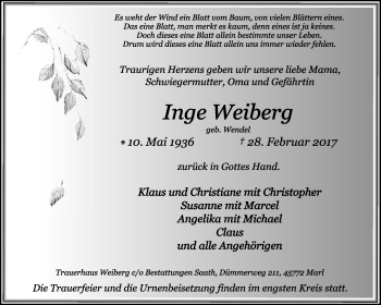Traueranzeige von Inge Weiberg von Medienhaus Bauer