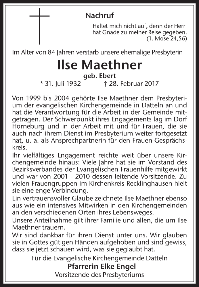  Traueranzeige für Ilse Maethner vom 11.03.2017 aus Medienhaus Bauer
