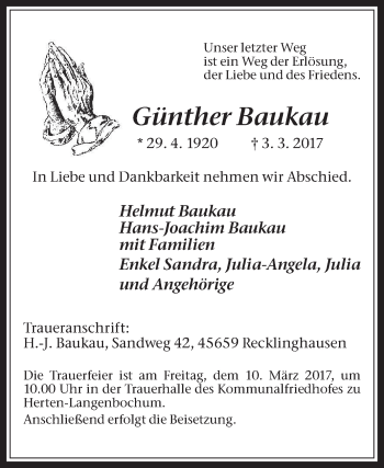 Traueranzeige von Günther Baukau von Medienhaus Bauer