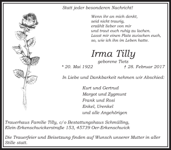 Traueranzeige von Irma Tilly von Medienhaus Bauer