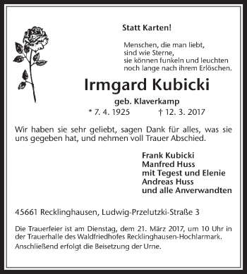 Traueranzeige von Irmgard Kubicki von Medienhaus Bauer