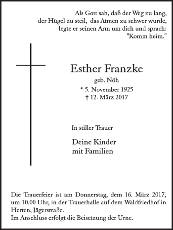 Traueranzeige von Esther Franzke von Medienhaus Bauer
