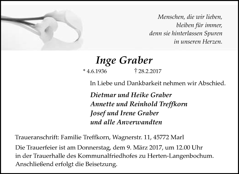  Traueranzeige für Inge Graber vom 04.03.2017 aus Medienhaus Bauer