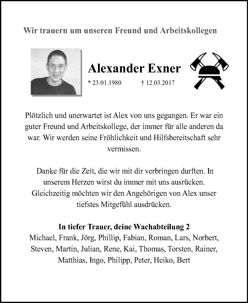  Traueranzeige für Alexander Exner vom 22.03.2017 aus Medienhaus Bauer