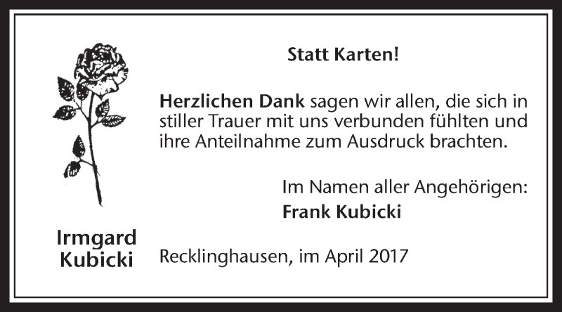  Traueranzeige für Irmgard Kubicki vom 01.04.2017 aus Medienhaus Bauer