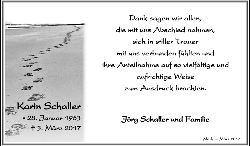  Traueranzeige für Karin Schaller vom 25.03.2017 aus Medienhaus Bauer