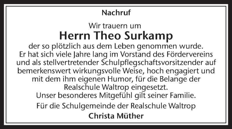  Traueranzeige für Theo Surkamp vom 25.03.2017 aus Medienhaus Bauer