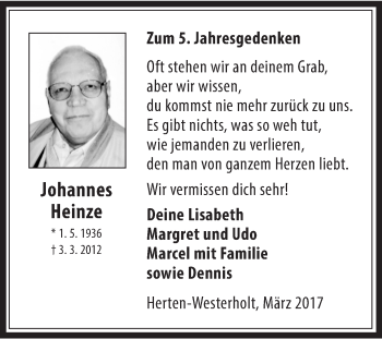 Traueranzeige von Johannes Heinze von Medienhaus Bauer