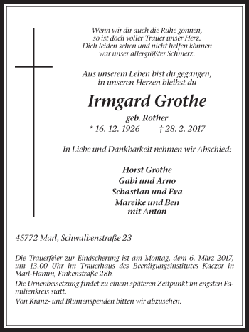 Traueranzeige von Irmgard Grothe von Medienhaus Bauer