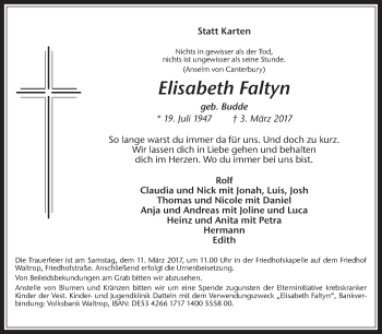 Traueranzeige von Elisabeth Faltyn von Medienhaus Bauer