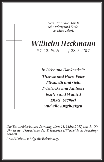 Traueranzeige von Wilhelm Heckmann von Medienhaus Bauer