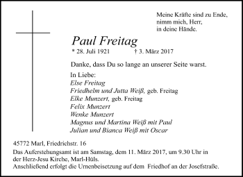 Traueranzeige von Paul Freitag von Medienhaus Bauer