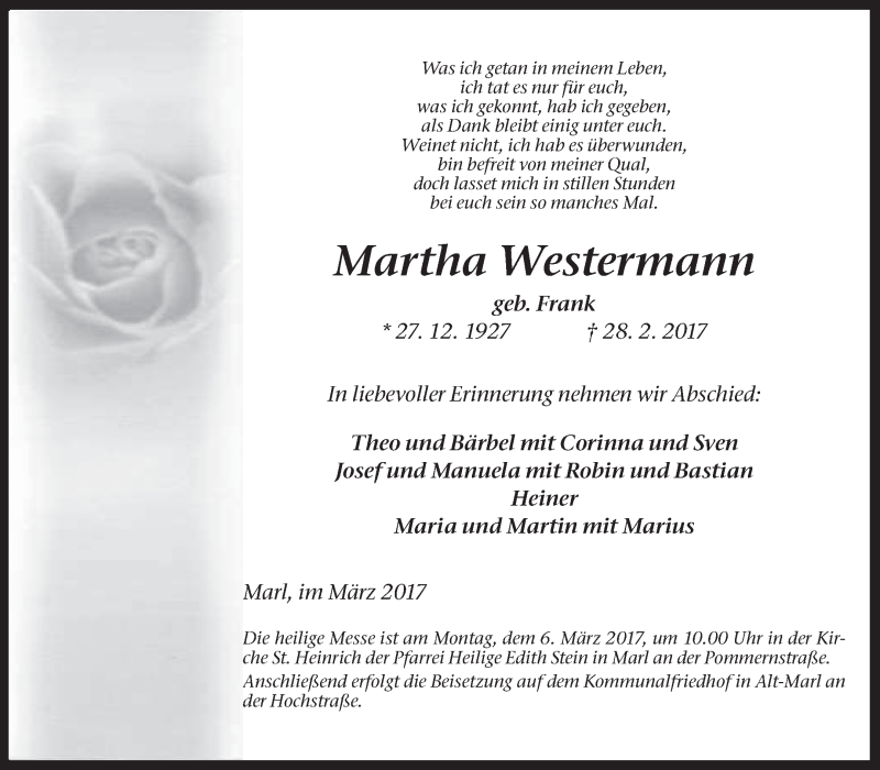  Traueranzeige für Martha Westermann vom 04.03.2017 aus Medienhaus Bauer