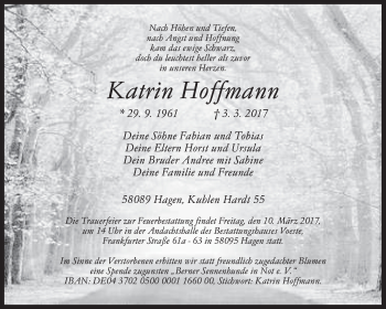 Traueranzeige von Katrin Hoffmann von Medienhaus Bauer