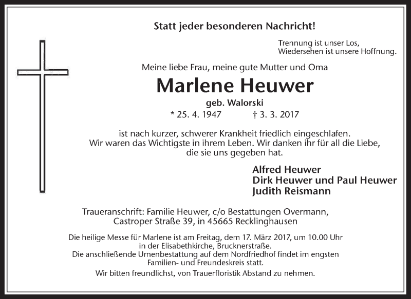  Traueranzeige für Marlene Heuwer vom 11.03.2017 aus Medienhaus Bauer